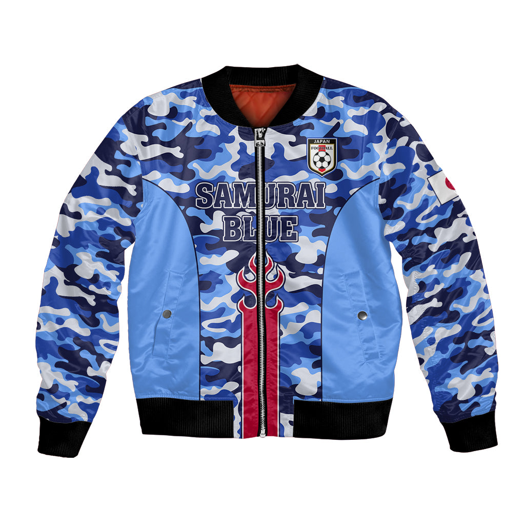 Blue camo bomber jacket with front zipper, ribbed cuffs, and Samurai Blue crest