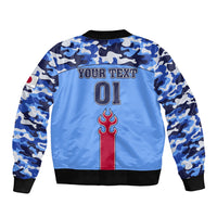 Blue camo bomber jacket back with 01 graphic, flame stripe, ribbed hem and cuffs