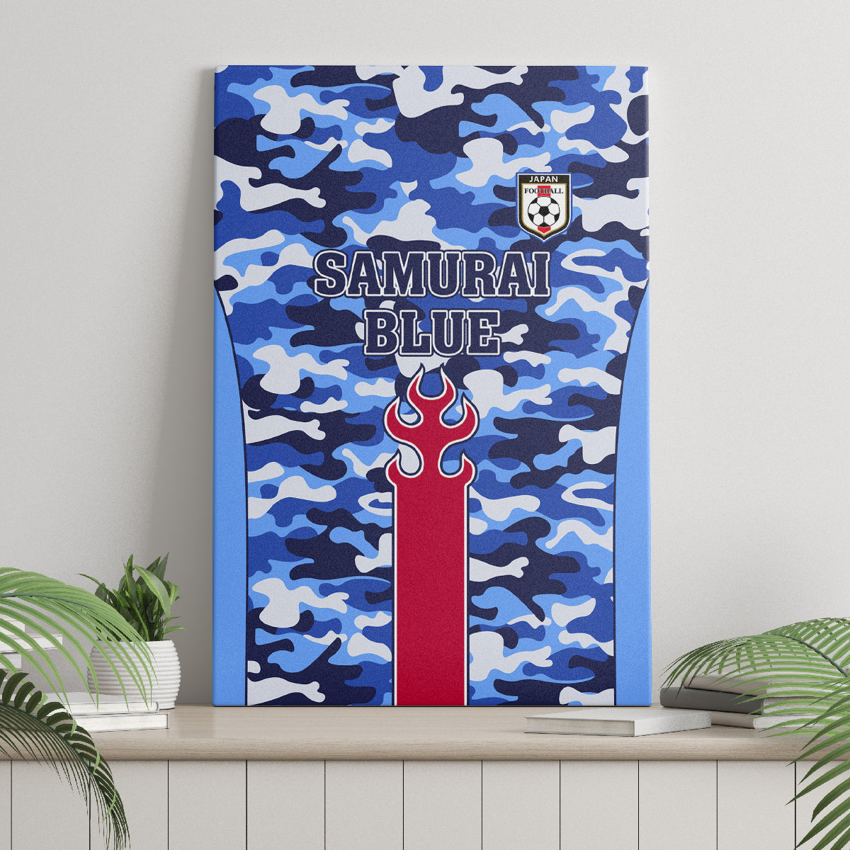 Framed blue camouflage canvas wall art featuring Samurai Blue text and flame crest