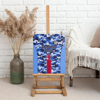 Framed blue camouflage canvas wall art with Samurai Blue lettering and flame banner