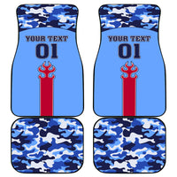 Set of four blue camouflage car floor mats with red stripe and 'YOUR TEXT 01' print