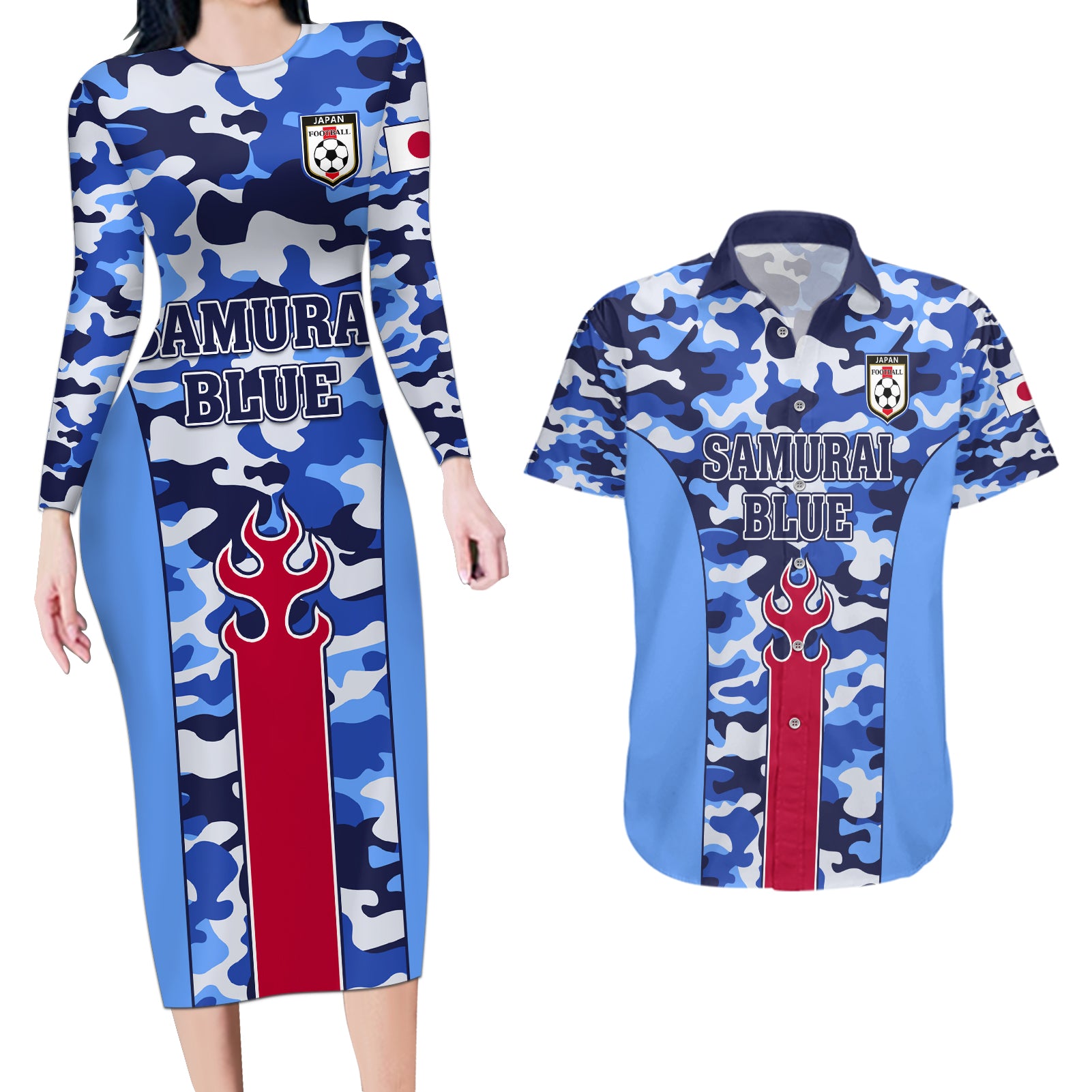 Japan Football Couples Matching Long Sleeve Bodycon Dress and Hawaiian Shirt Come On Samurai Blue - Wonder Print Shop