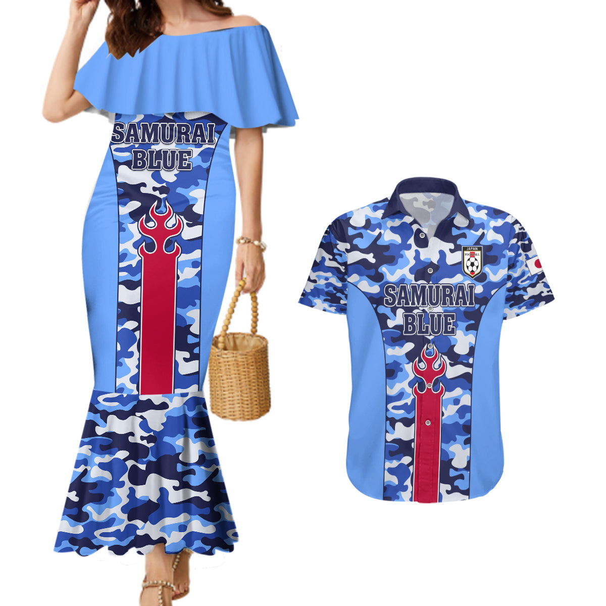 Japan Football Couples Matching Mermaid Dress and Hawaiian Shirt Come On Samurai Blue - Wonder Print Shop