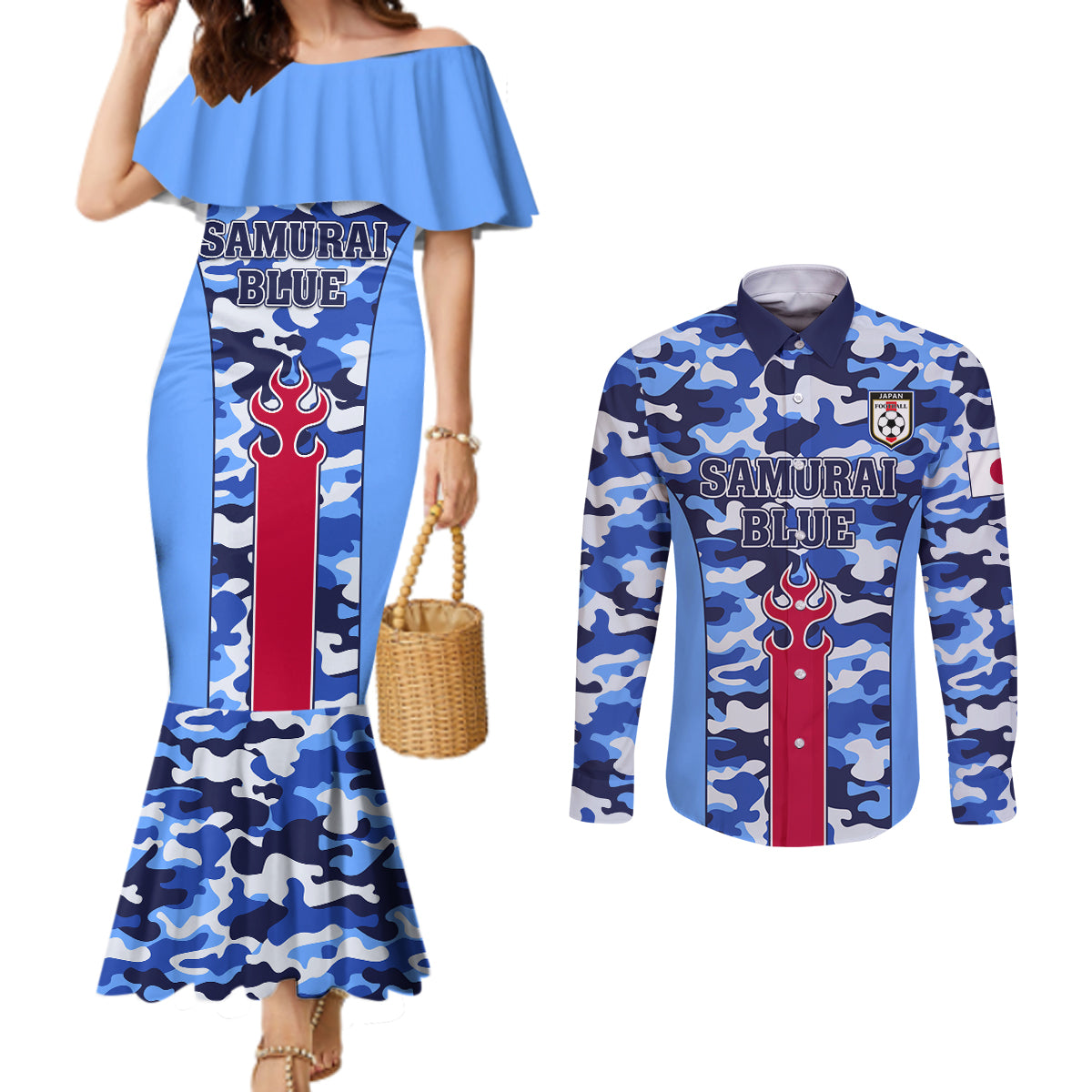 Japan Football Couples Matching Mermaid Dress and Long Sleeve Button Shirt Come On Samurai Blue