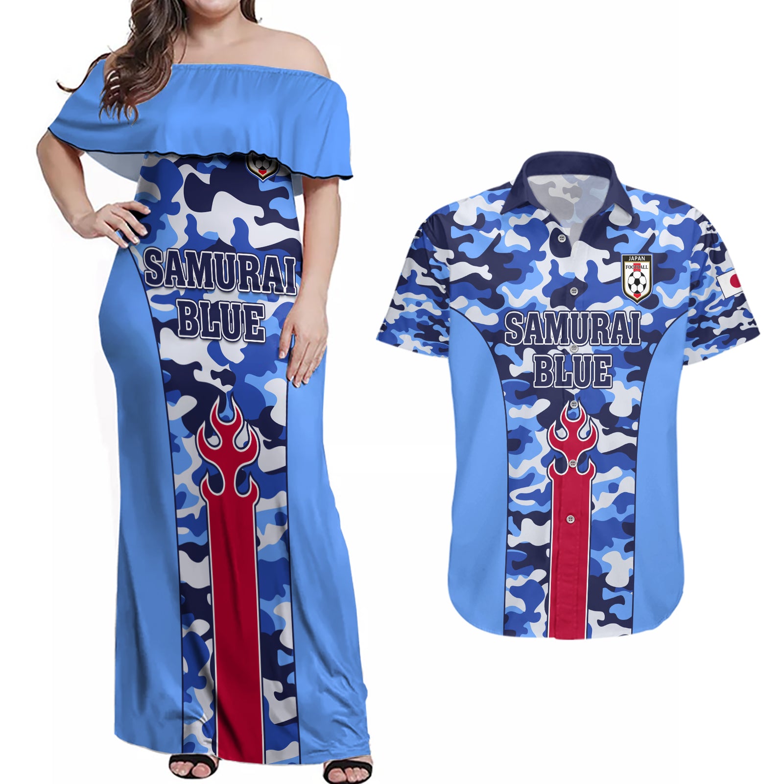 Japan Football Couples Matching Off Shoulder Maxi Dress and Hawaiian Shirt Come On Samurai Blue - Wonder Print Shop