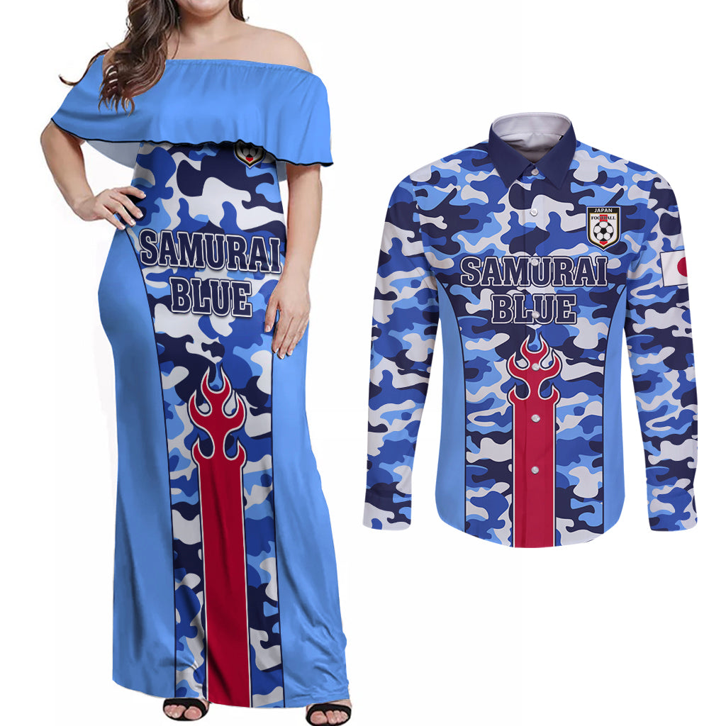 Japan Football Couples Matching Off Shoulder Maxi Dress and Long Sleeve Button Shirt Come On Samurai Blue - Wonder Print Shop