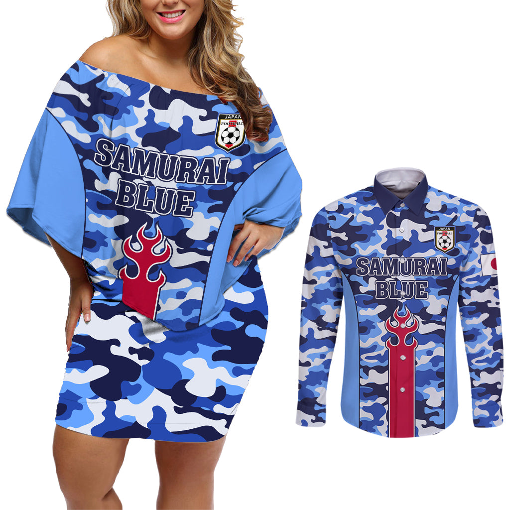 Japan Football Couples Matching Off Shoulder Short Dress and Long Sleeve Button Shirt Come On Samurai Blue - Wonder Print Shop