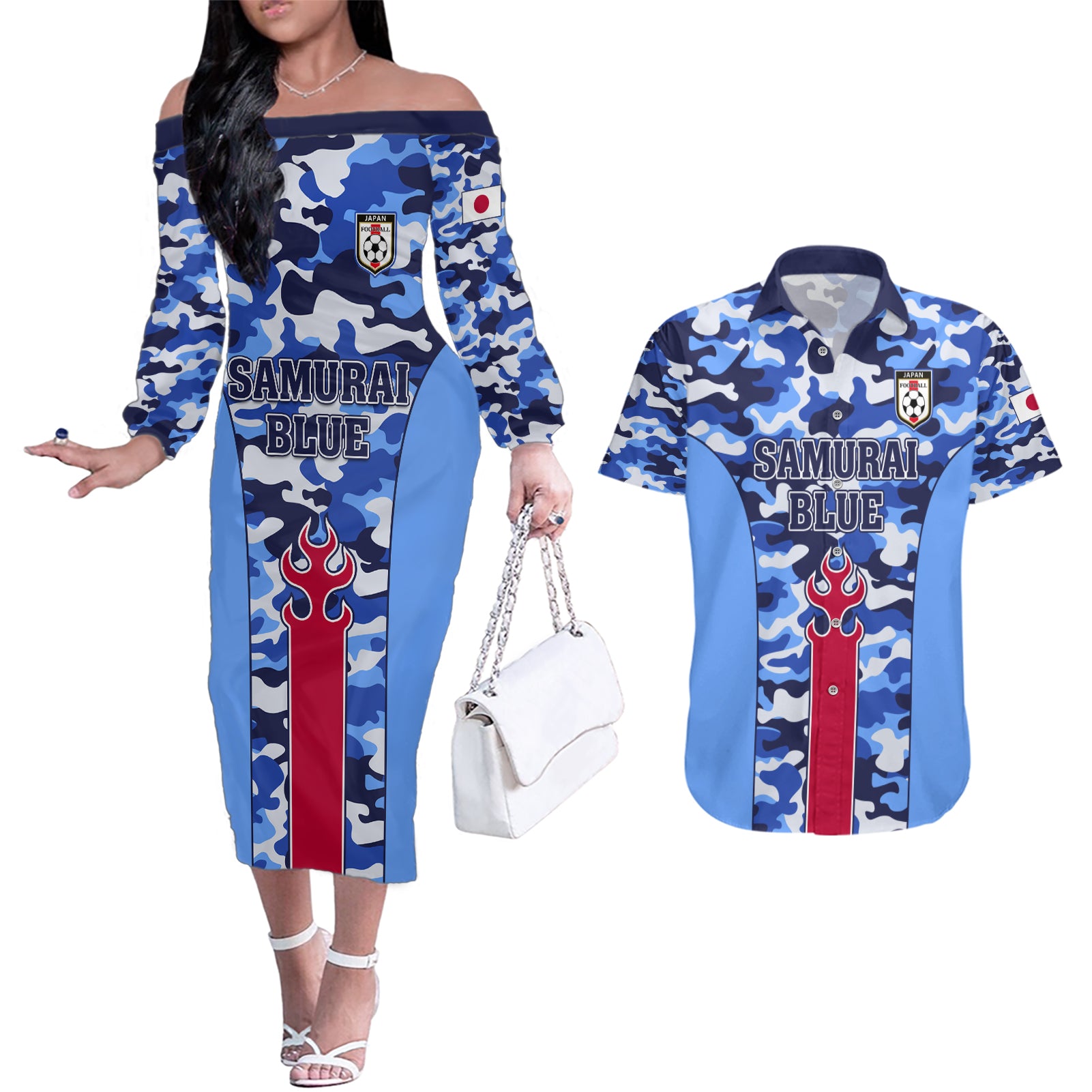 Japan Football Couples Matching Off The Shoulder Long Sleeve Dress and Hawaiian Shirt Come On Samurai Blue - Wonder Print Shop