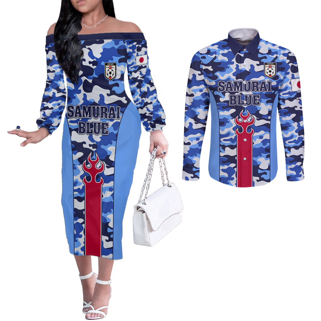 Japan Football Couples Matching Off The Shoulder Long Sleeve Dress and Long Sleeve Button Shirt Come On Samurai Blue