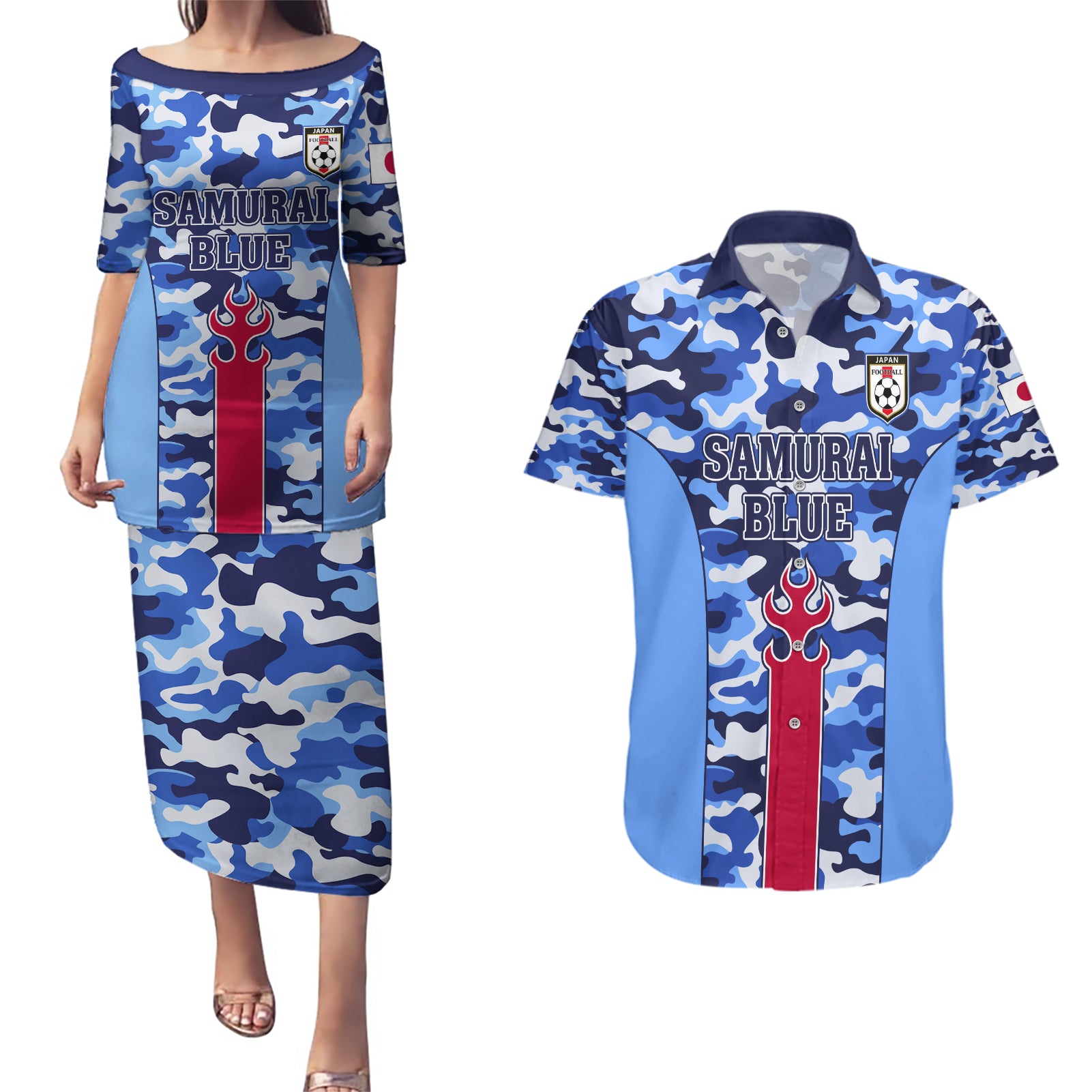 Japan Football Couples Matching Puletasi and Hawaiian Shirt Come On Samurai Blue - Wonder Print Shop