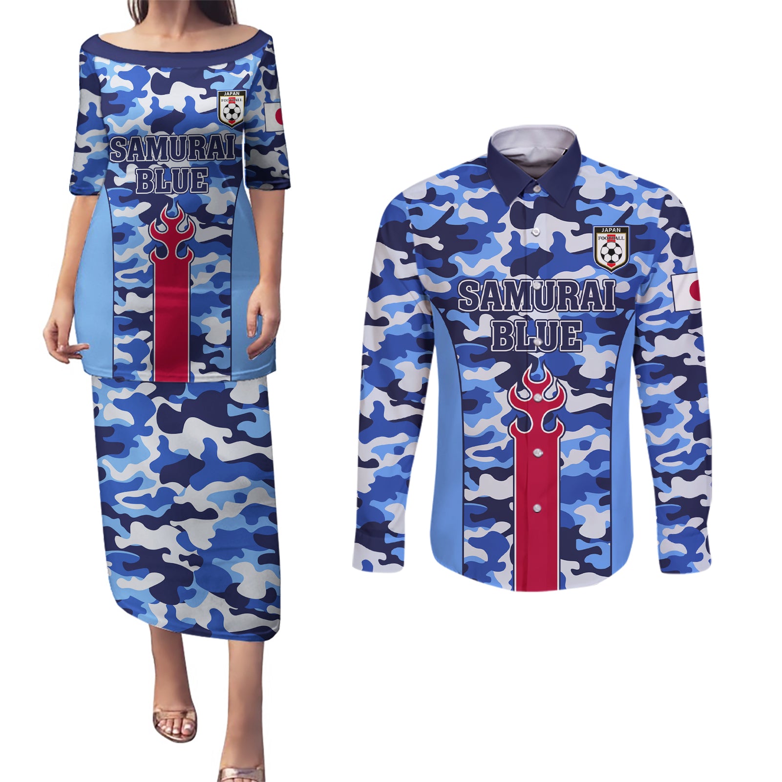 Japan Football Couples Matching Puletasi and Long Sleeve Button Shirt Come On Samurai Blue - Wonder Print Shop