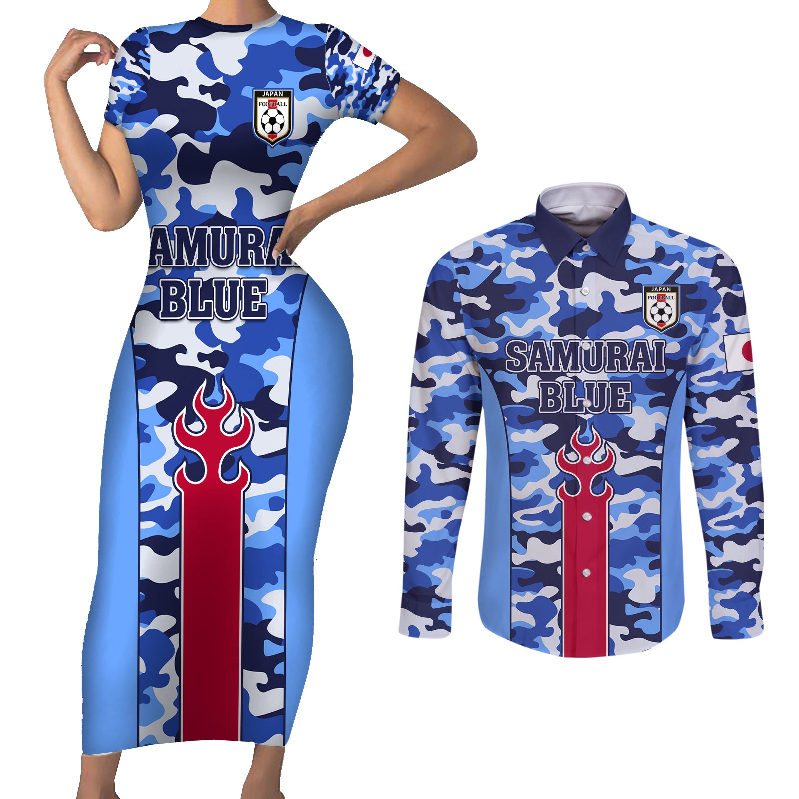 Japan Football Couples Matching Short Sleeve Bodycon Dress and Long Sleeve Button Shirt Come On Samurai Blue - Wonder Print Shop