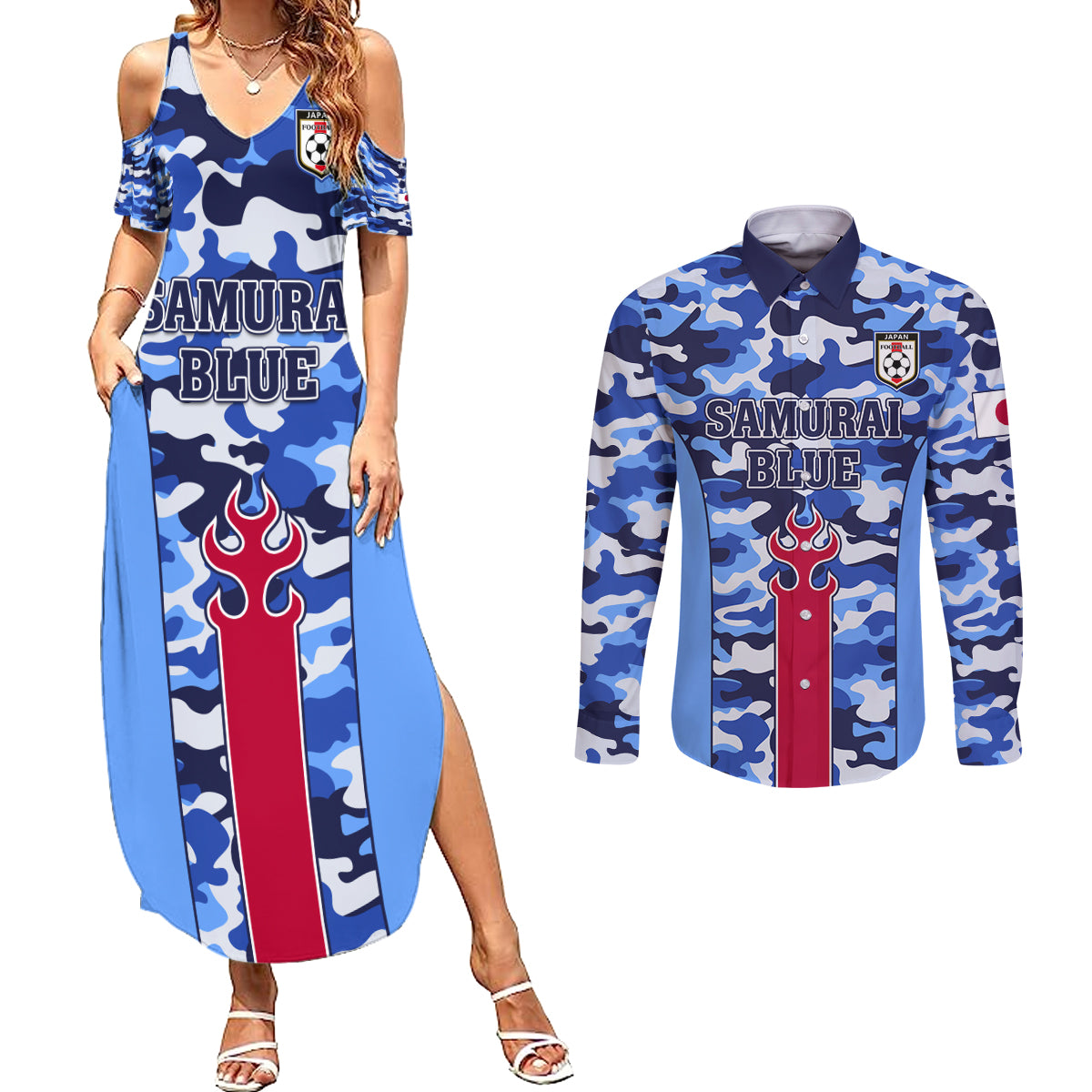 Japan Football Couples Matching Summer Maxi Dress and Long Sleeve Button Shirt Come On Samurai Blue - Wonder Print Shop