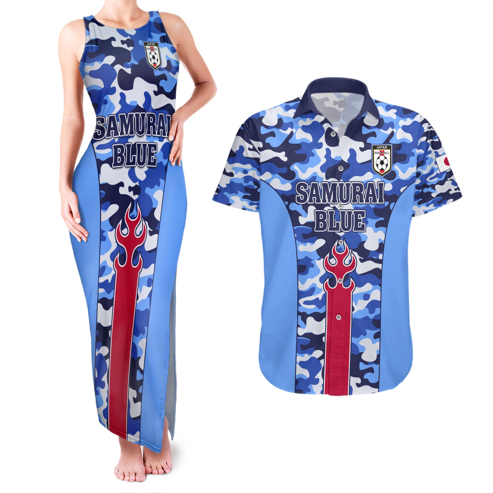 Japan Football Couples Matching Tank Maxi Dress and Hawaiian Shirt Come On Samurai Blue - Wonder Print Shop