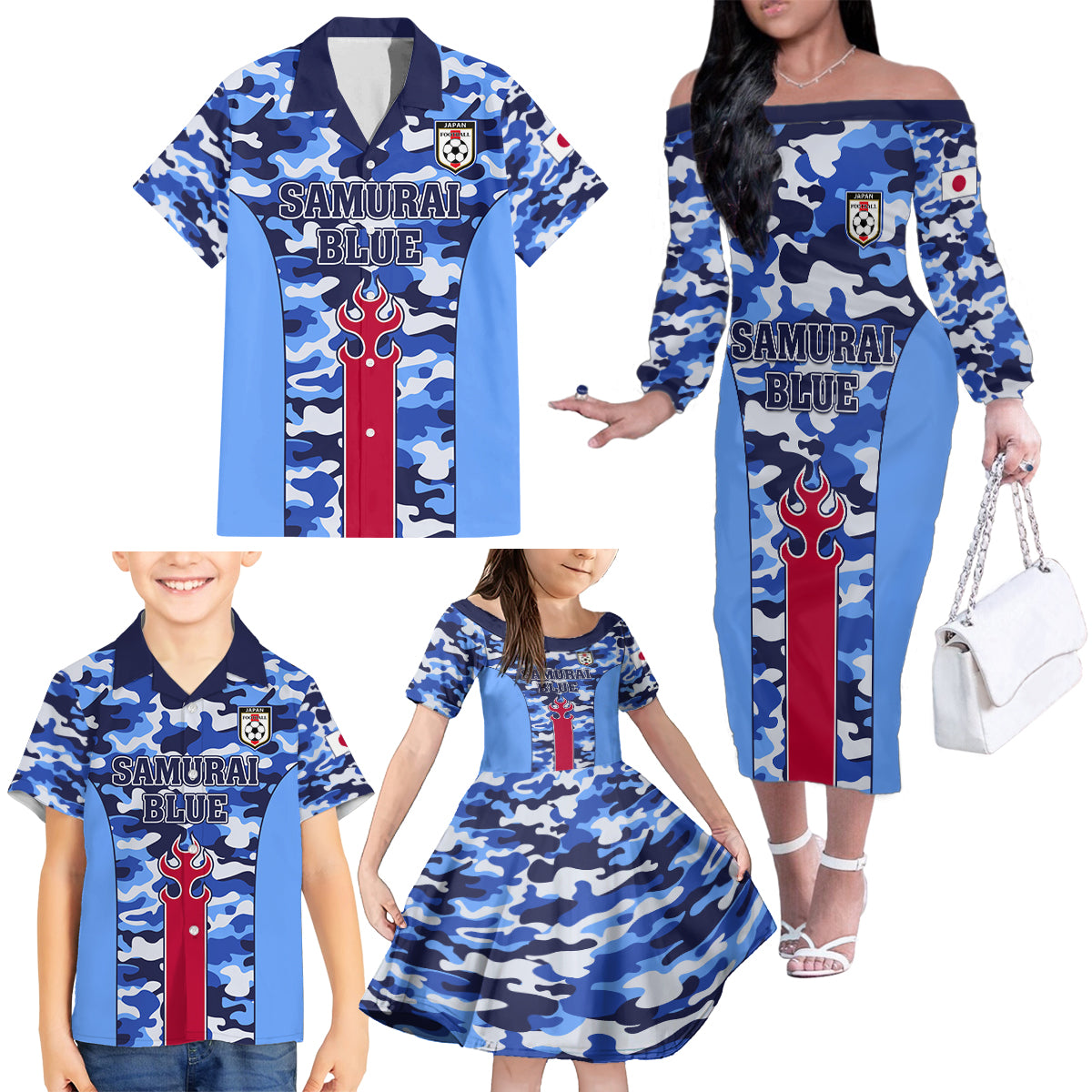 Japan Football Family Matching Off Shoulder Long Sleeve Dress and Hawaiian Shirt Come On Samurai Blue - Wonder Print Shop