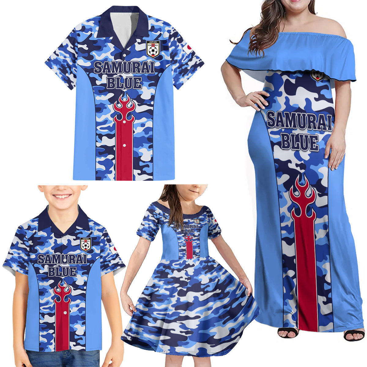 Japan Football Family Matching Off Shoulder Maxi Dress and Hawaiian Shirt Come On Samurai Blue - Wonder Print Shop