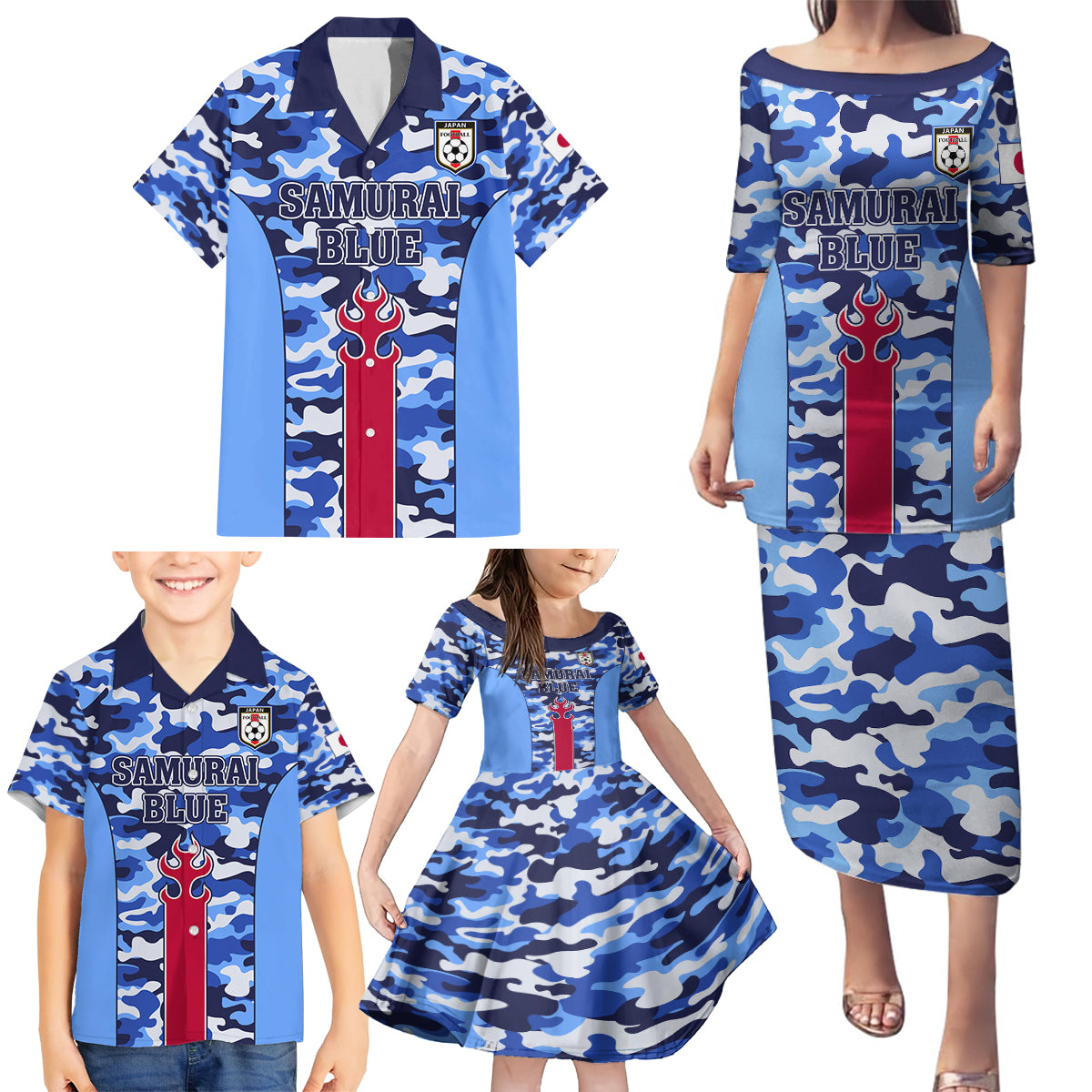 Japan Football Family Matching Puletasi and Hawaiian Shirt Come On Samurai Blue - Wonder Print Shop