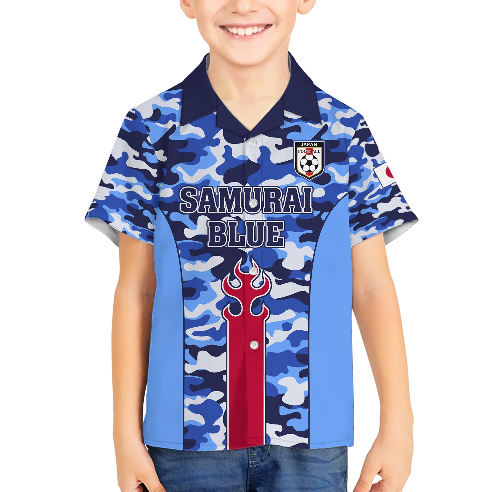 Japan Football Kid Hawaiian Shirt Come On Samurai Blue - Wonder Print Shop