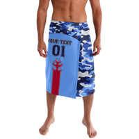 Blue camouflage athletic lavalava skirt with elastic waistband and '01' graphic