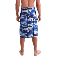 Blue camouflage lavalava skirt with elastic waistband and vertical side panels