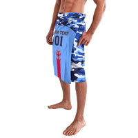 Blue camouflage lavalava skirt with '01' front print and flame emblem