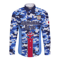 Blue camo long-sleeve button shirt with crest and flame graphic, front view