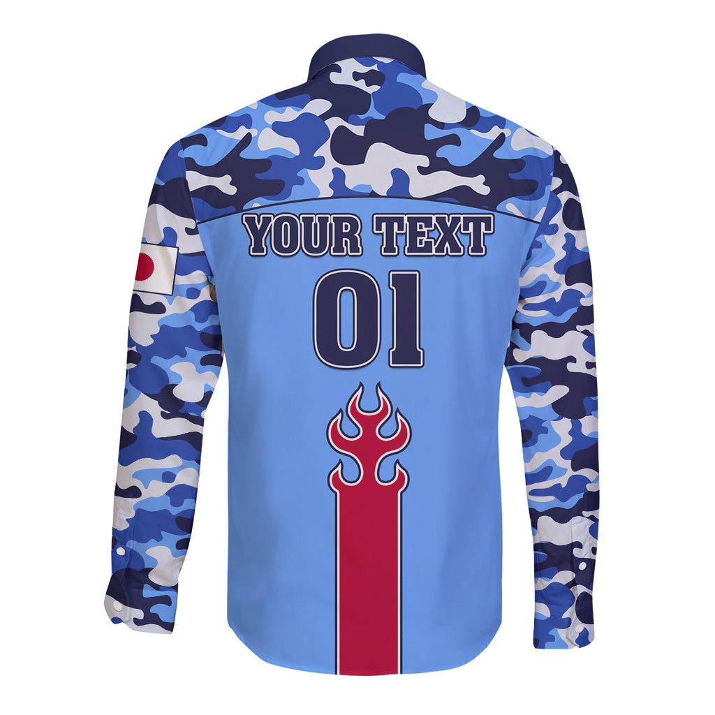 Blue camo long-sleeve button shirt with 'YOUR TEXT 01' back print and flames