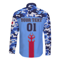 Blue camo long-sleeve button shirt with 'YOUR TEXT 01' back print and flames