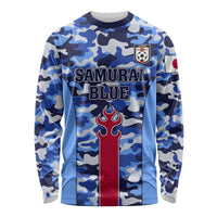 Unisex long sleeve football shirt in blue camouflage, SAMURAI BLUE front graphic, crest.