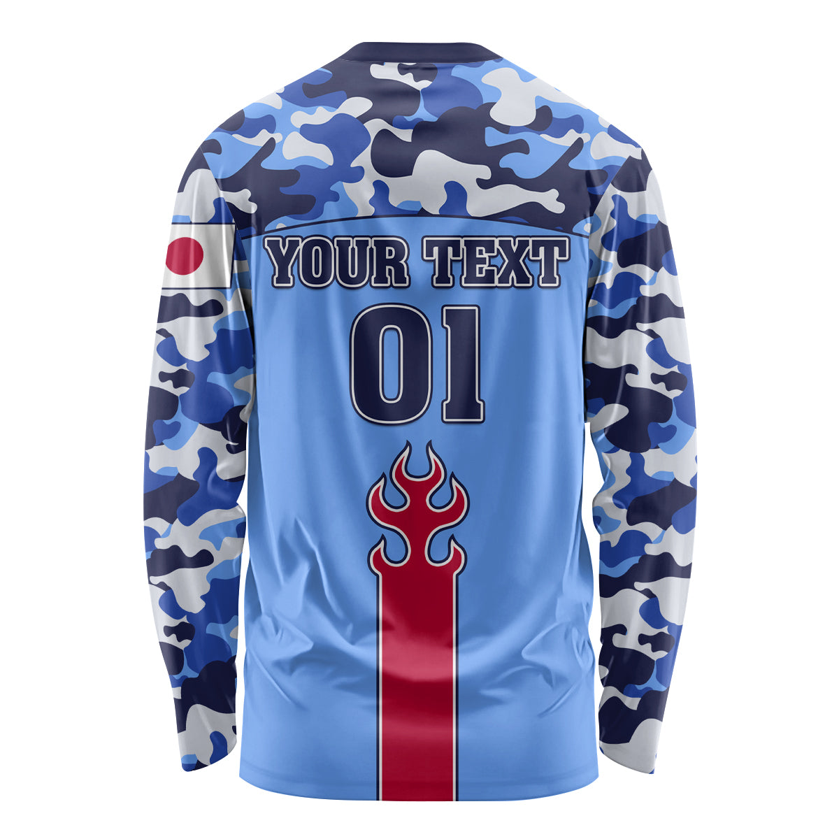 Unisex long sleeve football shirt with blue camo sleeves, back text YOUR TEXT and 01.