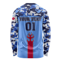 Unisex long sleeve football shirt with blue camo sleeves, back text YOUR TEXT and 01.