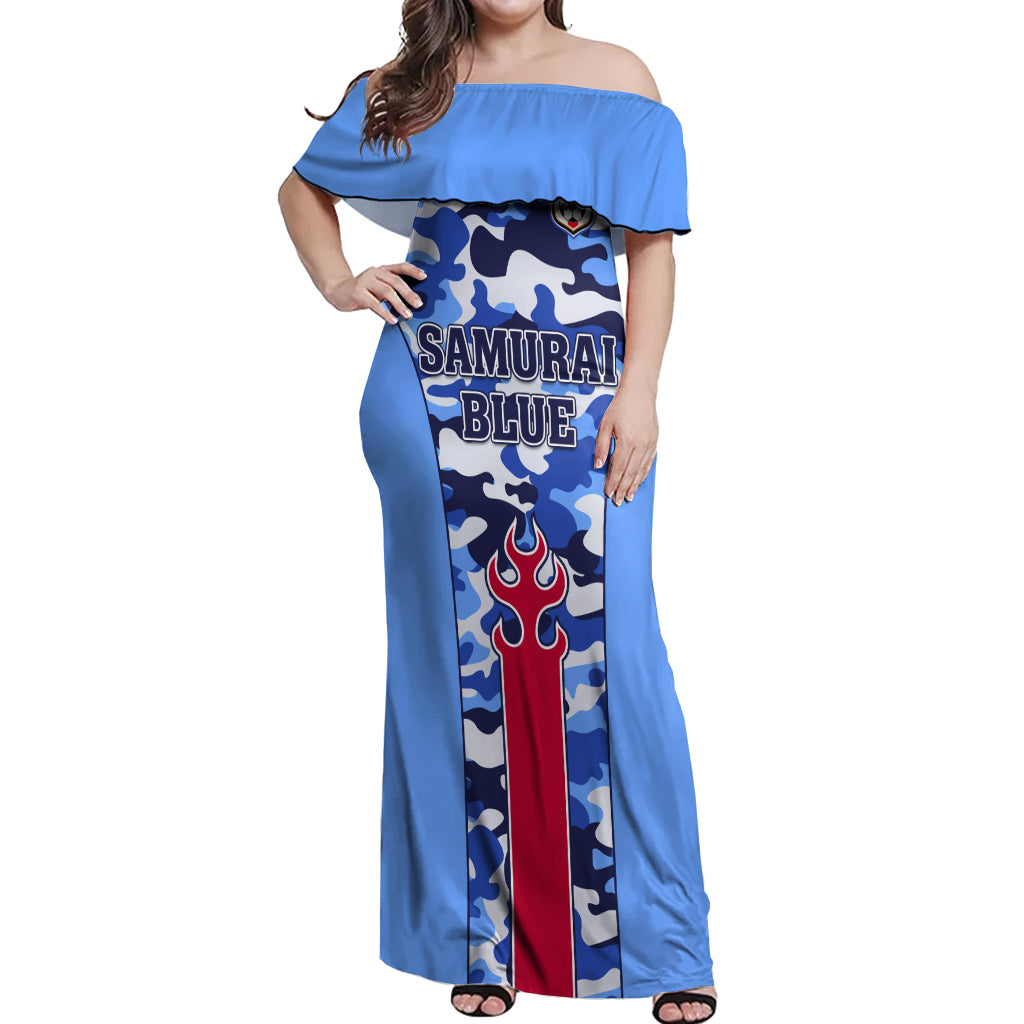 Japan Football Off Shoulder Maxi Dress Come On Samurai Blue - Wonder Print Shop