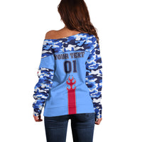 Women’s blue camo off-shoulder sweater back print with YOUR TEXT and flame graphic