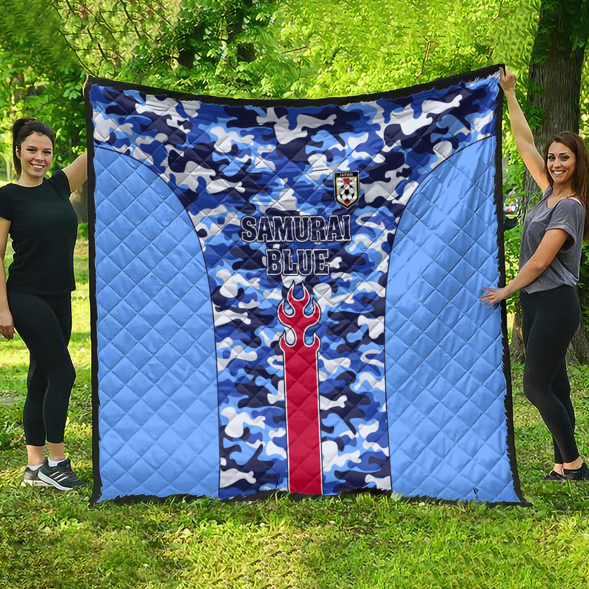 Japan football quilt, blue camo with Samurai Blue lettering and crest patch, large quilted blanket