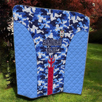 Japan football quilt with blue camo pattern, Samurai Blue logo and crest, quilted bedding cover