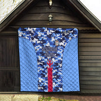 Japan football quilt on a wall-hung display, blue camouflage with Samurai Blue logo and crest