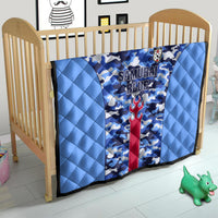 Japan football quilt in a crib, blue camouflage with Samurai Blue logo and crest patch