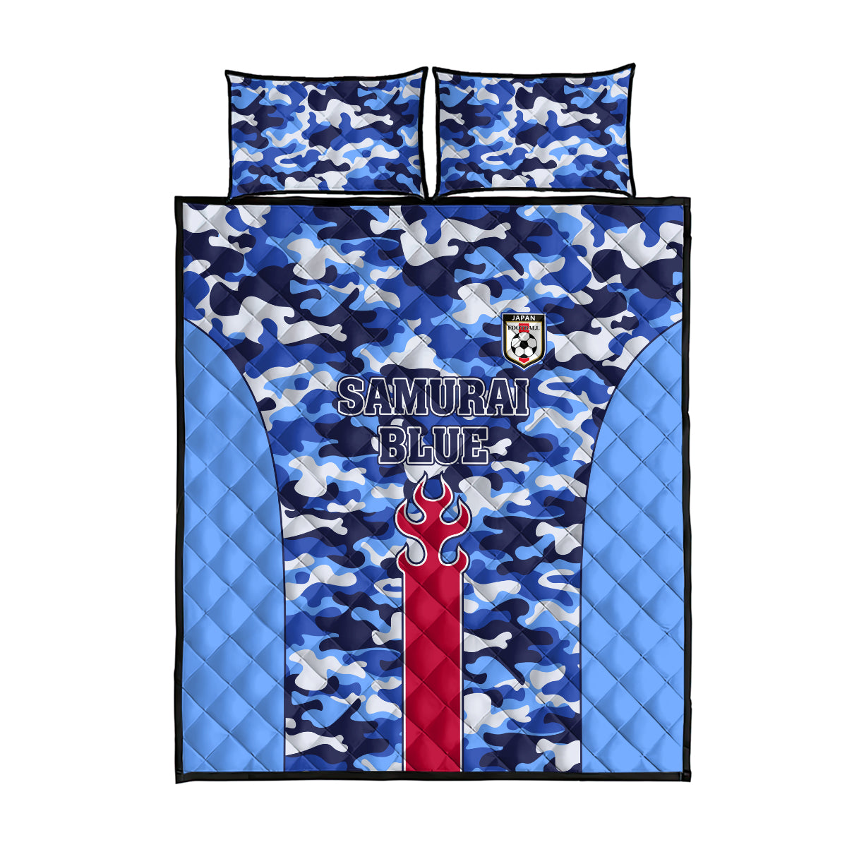 Blue camouflage quilt bed set with “SAMURAI BLUE” text and crest, two pillow shams