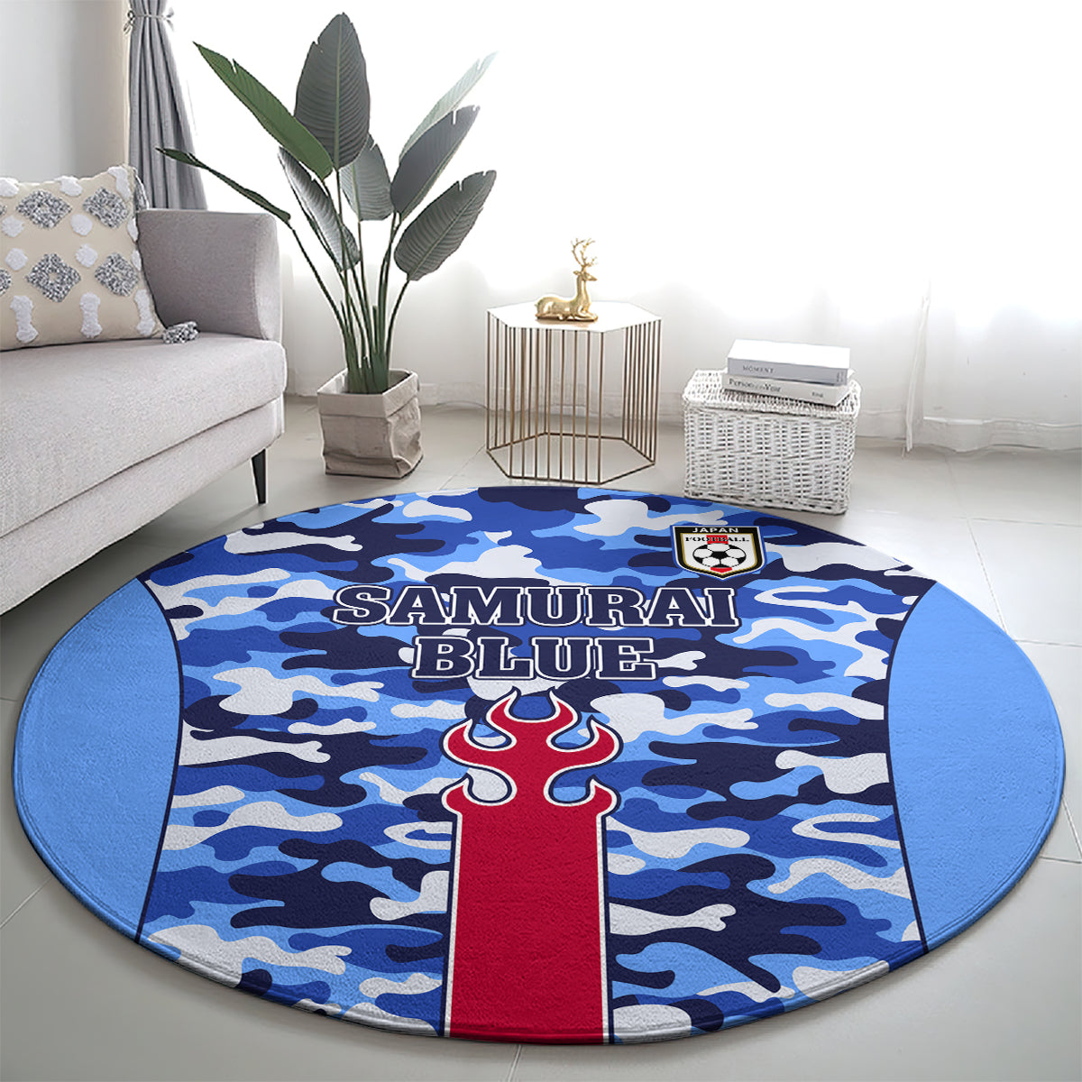 Round blue camouflage area rug with 'SAMURAI BLUE' text and red flame emblem