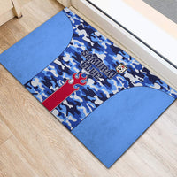 Blue rubber doormat with blue camo pattern and “Samurai Blue” crest in center