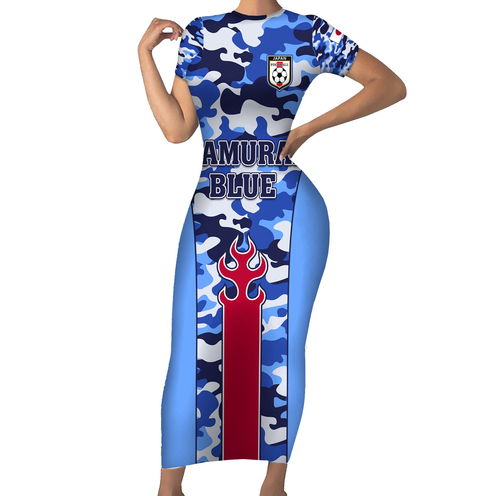 Japan Football Short Sleeve Bodycon Dress Come On Samurai Blue - Wonder Print Shop