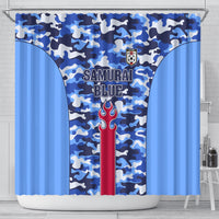 Blue camouflage shower curtain, Samurai Blue lettering with shield crest and flame sword