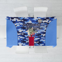 Blue camouflage tablecloth with red vertical stripe and Samurai crest