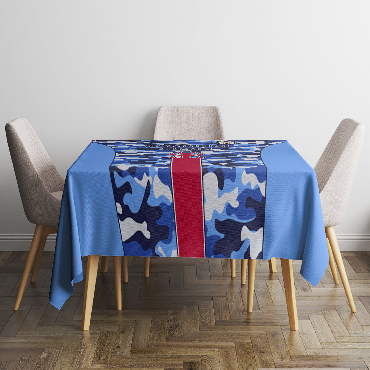 Blue camouflage tablecloth with red center stripe and Samurai text