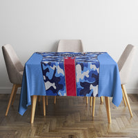 Blue camouflage tablecloth with red center stripe and Samurai text