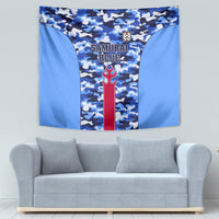 Blue camouflage football tapestry with central red flame emblem, crest, and SAMURAI BLUE