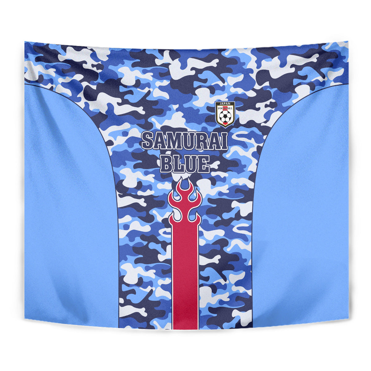 Tight view blue camouflage tapestry with red flame emblem and crest in the middle