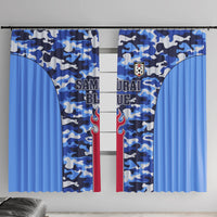 Blue camouflage window curtain panels with crest emblem and flame graphic, center divider