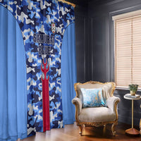 Blue camouflage curtain panel with “SAMURAI BLUE” text, crest and flame graphic