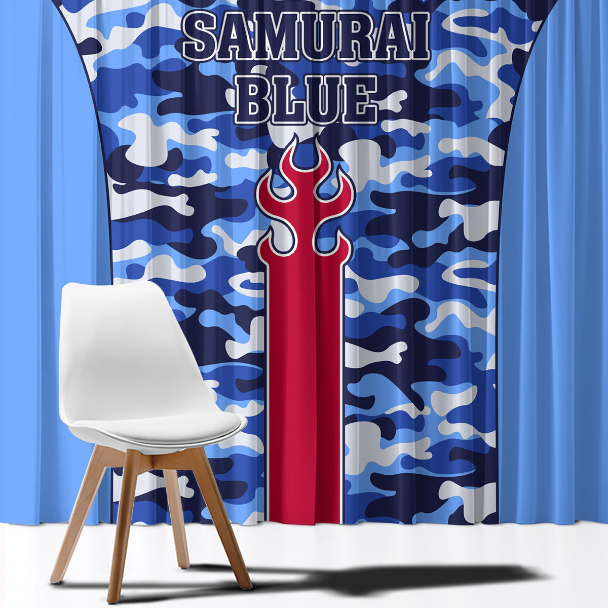 Blue camouflage window curtain with “SAMURAI BLUE” lettering and flame emblem